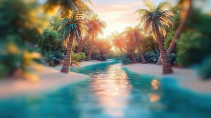 Serene tropical river flowing through a sandy beach lined with palm trees during a warm sunset