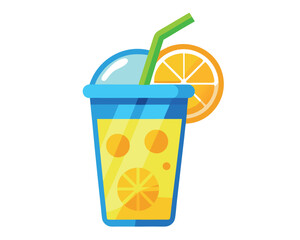 Refreshing orange juice in a blue plastic cup with a straw and an orange slice isolated on white background