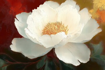 Close-up of a large, white flower with detailed petals and a yellow center against a warm, textured background in shades of red and gold