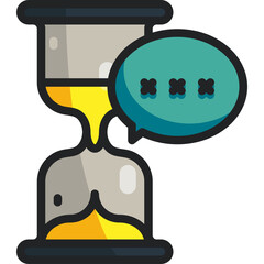 Hourglass with yellow sand falling down and speech bubble with ellipses symbol indicating waiting or thinking concept illustration on transparent background