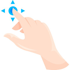 Human hand finger touching a digital blue circle with cyan directional arrows on a transparent background representing interaction and navigation