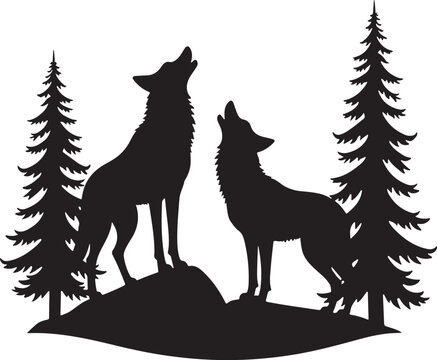 Two black wolf silhouettes howling on rocky ground with pine trees