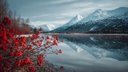 Vibrant red berries frame serene winter landscape with snow-capped mountains reflecting in calm lake waters