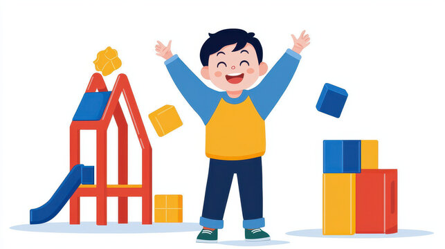 Cheerful boy plays joyfully with colorful building blocks and playground structure, expressing happiness and excitement