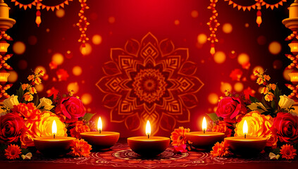 Diwali Celebration: Glowing Diya's, Floral Mandala, and Golden Radiance