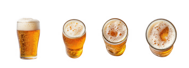 Four glasses of beer, one from the side and three from the top, isolated on transparent background