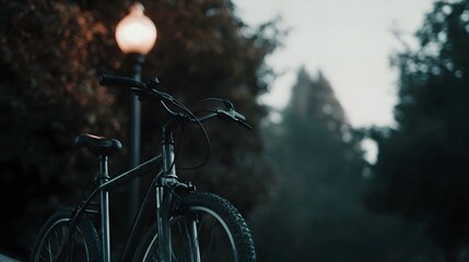 A solitary bicycle leans against a glowing lamppost at twilight with trees softly blurred in the background