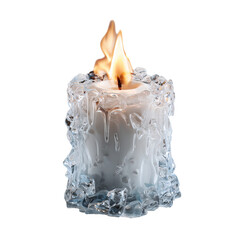 Burning candle surrounded by ice