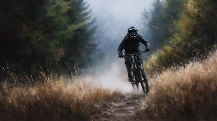 Naklejka premium ic depiction of a mountain biker descending a dirt trail through a misty forest evoking action and atmosphere