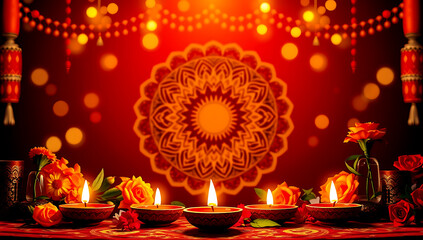 Diwali Celebration: Glowing Diya's, Floral Mandala, and Golden Radiance
