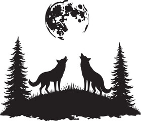 Naklejka premium Two wolves howling at a full moon silhouette wolf