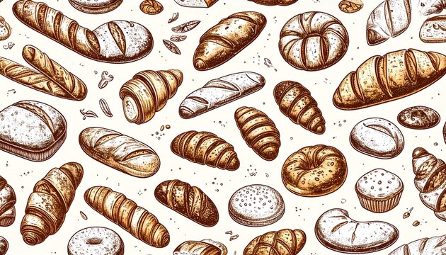 Various types of bread, baguettes, and baked goods. An appetizing array of freshly baked bread varieties. A culinary delight for the senses.