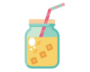 Refreshing yellow drink in a mason jar with a straw and ice cubes isolated on white background