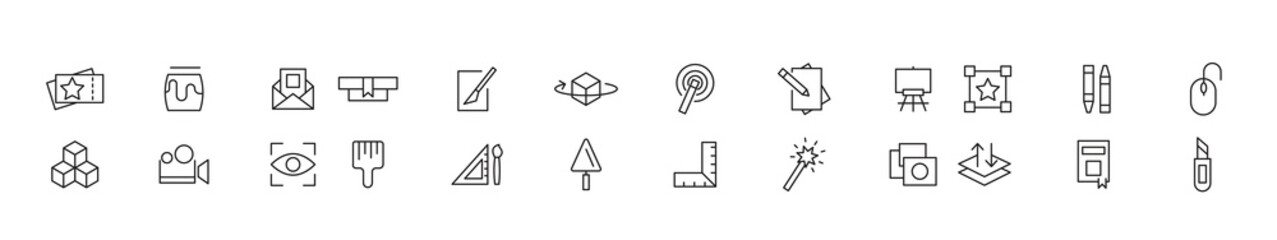Art line icon set. Books, preschool, child, kindergarten, kid, cognitive, learn, various painting, tools, paint, creativity, graphic design, art line icon set. UI thin line icon pack.