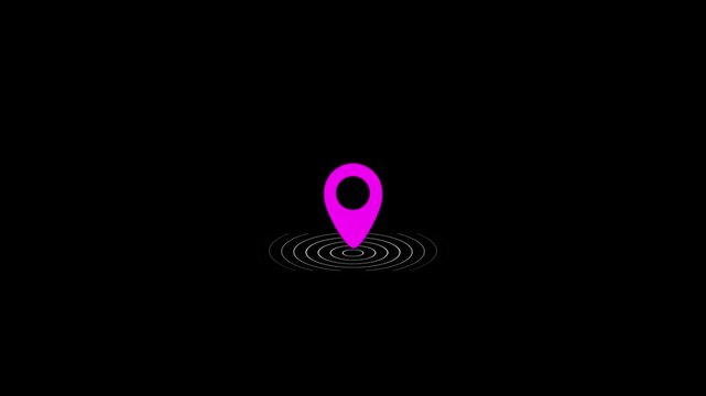 GPS location pointer animated with radio wave, location map pointer with pin icon and location animation on black background.