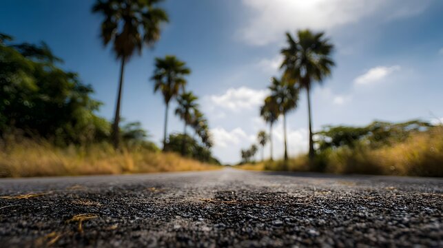 A low angle view of a rural road lined with palm trees featuring a shallow depth of field and bright sunlight - Powered by Adobe