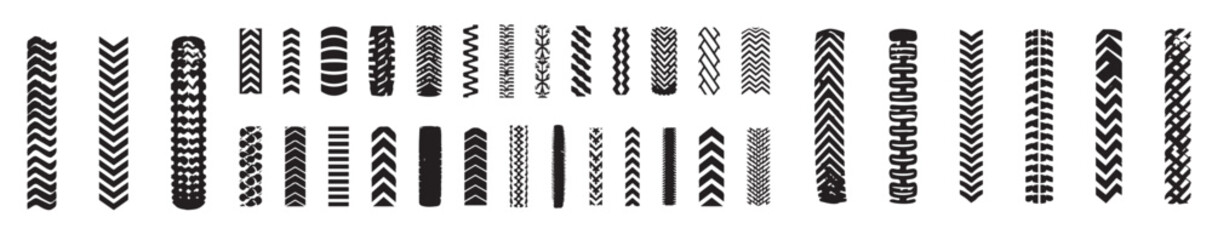 Big Set of Black tire tracks isolated on a white background. Concept of vehicle tires, tracks pattern, car tire prints, tread marks. Design, illustration, automotive elements