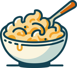 Cartoon Macaroni Cheese Bowl Vector Illustration, Creamy Cheesy Pasta with Spoon