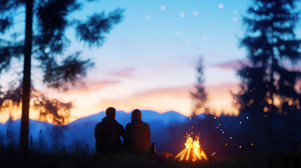 Couple enjoys serene evening by campfire, surrounded by tall trees and colorful sunset. warm glow of fire contrasts beautifully with cool twilight