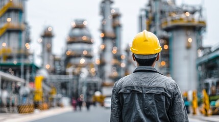 Dedicated engineer surveys vast industrial complex, symbolizing progress and a future powered by innovation.
