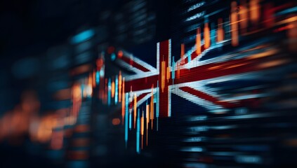 Abstract representation of the united kingdom s financial market performance with a stylized union jack flag overlay and blurred city lights in the background