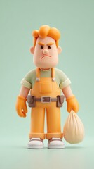 Angry worker figurine holding bag, orange overalls, green shirt, white shoes.