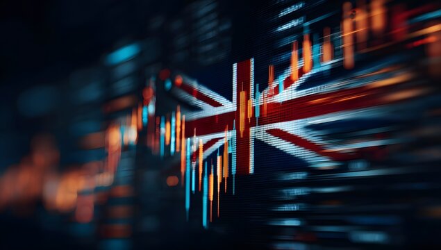 Abstract representation of the united kingdom s financial market performance with a stylized union jack flag overlay and blurred city lights in the background