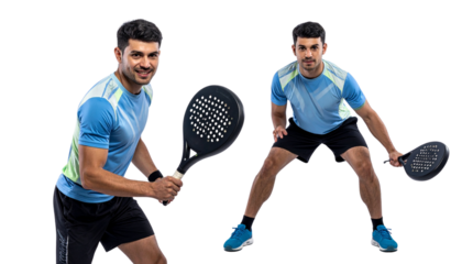 Athletic male padel player swinging racket duo isolated on transparent background