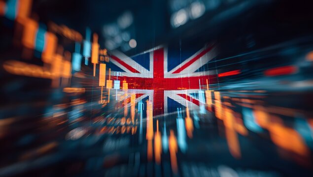 Abstract representation of the united kingdom s financial markets with the union jack flag superimposed over blurred stock charts and city lights at night