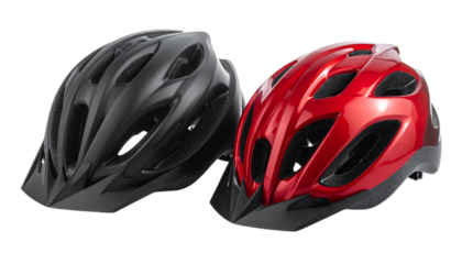 Two aerodynamic bicycle helmets in sporty design isolated on transparent background