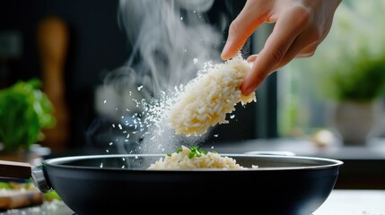 Hand Sprinkling Fresh Parmesan Cheese Over Creamy Risotto in Black Frying Pan with Herbs in Background