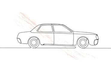 Single line drawing a sedan car missing one wheel with abstract paint strokes vehicle