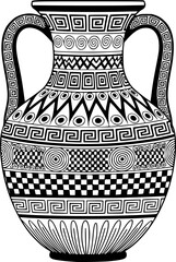 Black and white illustration of a traditional ancient greek bowl, decorated with a meander pattern