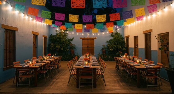 Las posadas celebration with colorful papel picado and festive dinner setup