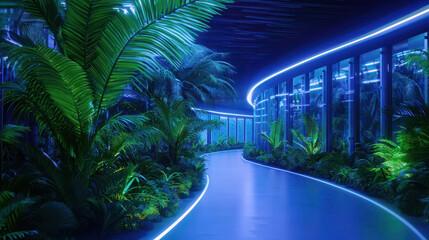 Fototapeta premium Vibrant, futuristic corridor surrounded by lush greenery and illuminated by blue neon lights creates serene atmosphere