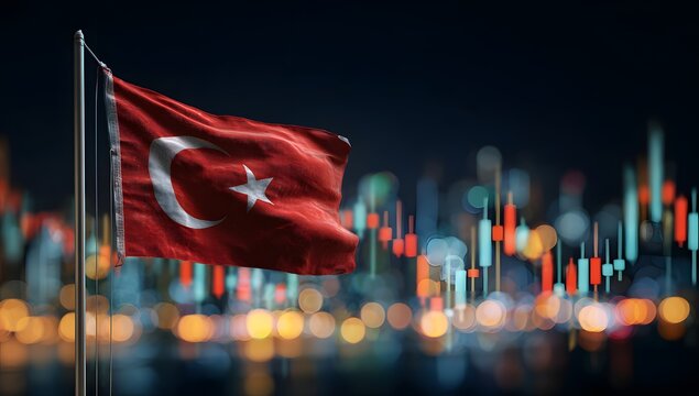 Turkish flag waving in the wind against a blurred cityscape with financial stock market charts in the background at night