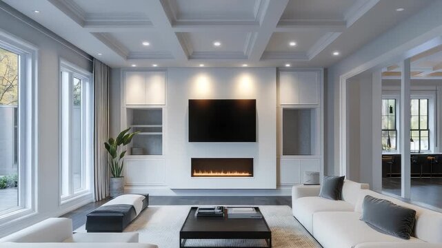 Modern Living Room Interior with Fireplace, Television, White Sofa, and Coffered Ceiling, Contemporary Design, Luxury Home