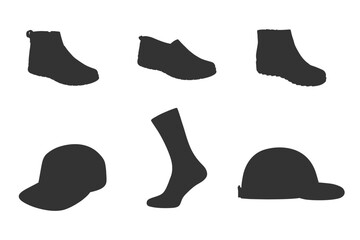 Casual footwear, cap, and sock silhouettes vector set, monochrome fashion accessory collection.