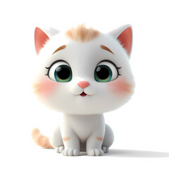Fototapeta premium Cute 3D Cartoon White Kitten Character Portrait. Adorable Baby Cat with Big Eyes and Blush. Charming Pet Illustration for Kids & Design. Sweet Little Feline Isolated on White Background.