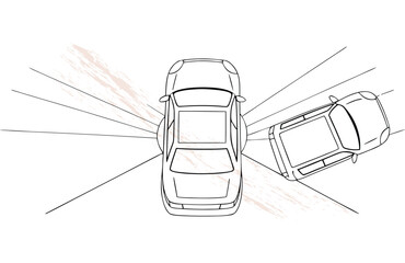 Fototapeta premium Single line drawing two cars in collision with abstract brush strokes accident crash