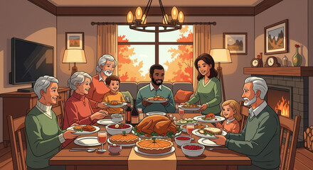 A heartwarming multi-generational family enjoying a delicious Thanksgiving dinner together around a beautifully set table, celebrating gratitude and togetherness