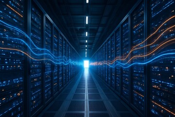 Futuristic data center corridor with glowing servers and digital light trails symbolizing fast information flow and network connectivity concept. Ai generative