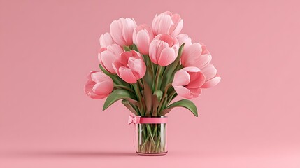 Fototapeta premium A close-up, top-down photograph of a beautiful bouquet of fresh light pink tulips, a delicate pink ribbon tied in a neat bow Delicate Floral Gifting and Celebration Feminine and Soft Aesthetics