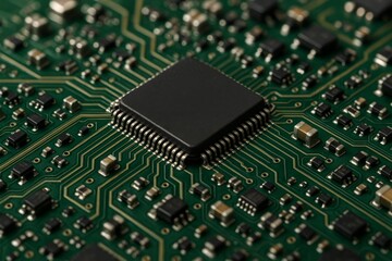 Obraz premium Close-up of microchip on green circuit board showing electronic components and connections in a high-tech industry concept on blurred background. Ai generative