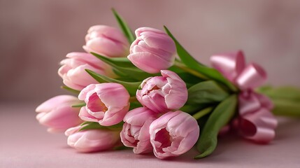 A close-up, top-down photograph of a beautiful bouquet of fresh light pink tulips, a delicate pink ribbon tied in a neat bow Delicate Floral Gifting and Celebration Feminine and Soft Aesthetics