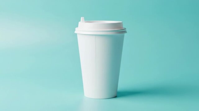 Isolated white takeout coffee cup with lid centered on a light teal background