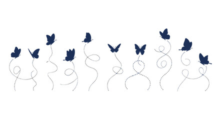 Elegant dark blue butterflies gracefully fluttering and dancing above swirling delicate trails of dots on a white background
