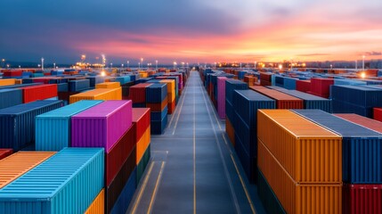 Fototapeta premium Busy Freight Storage Yard with Shipping Containers for Customs Clearance and Transport, Copy Space Available for Text