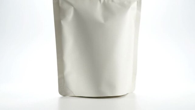 A white doypack with gusset, 3/4 angle, set on an off-white surface. Features high-key lighting, soft shadow along the base, and realistic creases. Unprinted, clean design