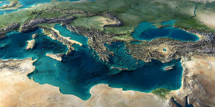 Detailed 3d earth satellite view of the mediterranean sea region showcasing coastlines islands continents and surrounding landmasses with realistic terrain and water textures